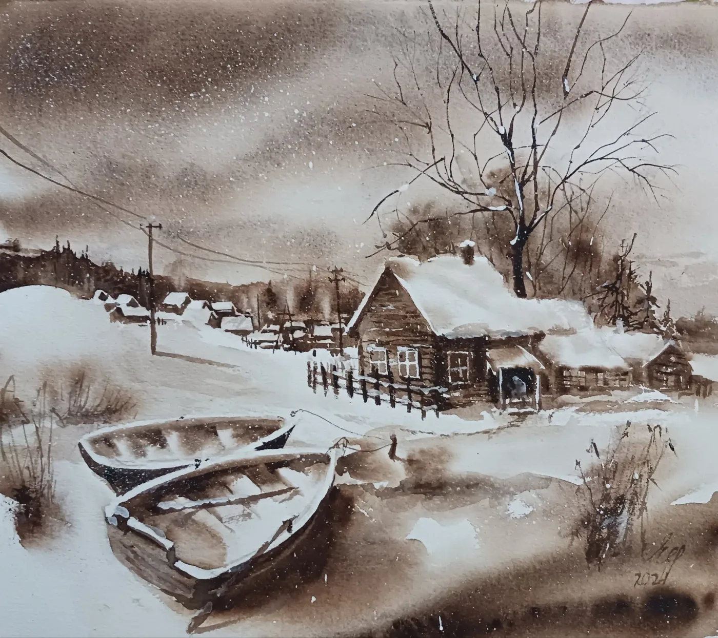 Snow, watercolour by Elena Chudinova