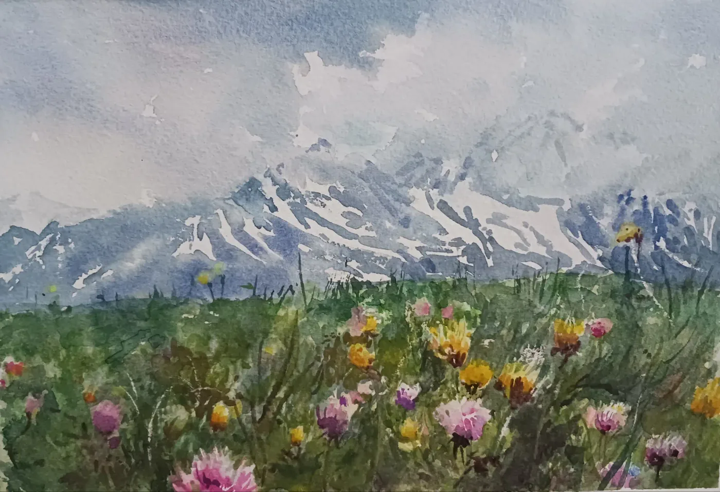 The flowers are buzzing, watercolour by Elena Chudinova